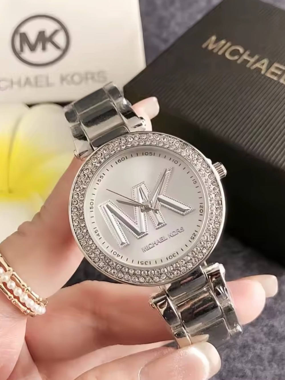 Michael Kors Silver Crystal-Trim MK Logo Bracelet Watch